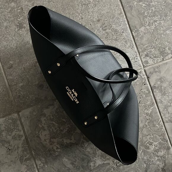 Coach Town Tote Polished Pebbled Leather Black, New - Picture 12 of 14